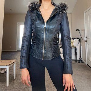 Michael Kors Leather Jacket Fur Trimmed Hood